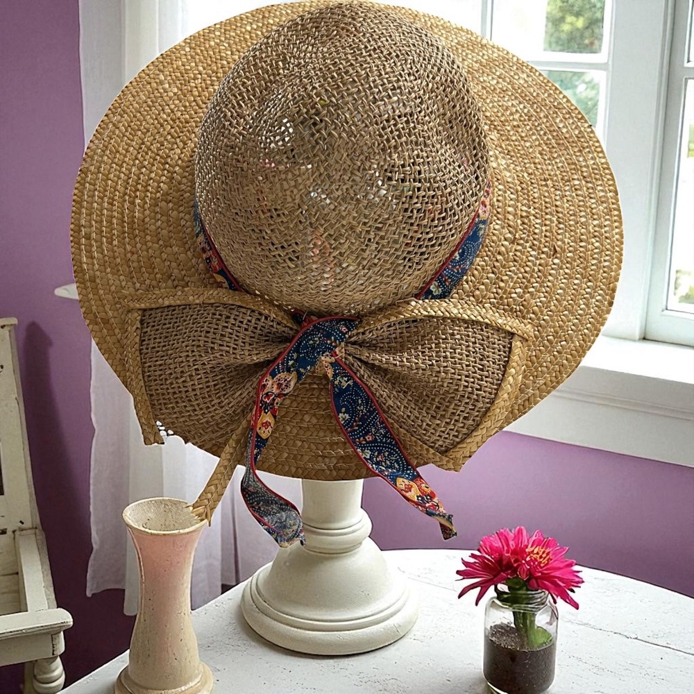 Vintage GitanoCottagecore Natural Straw Sun‎ Hat Floral Print Ribbon Bow Accent